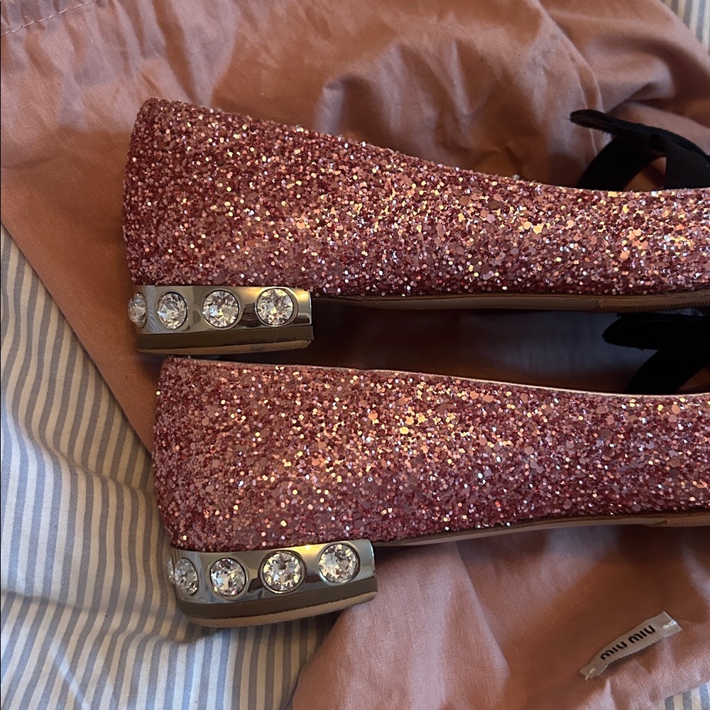 Miu Miu Pink Glitter Heels with Black Bow - Picture 2 of 4